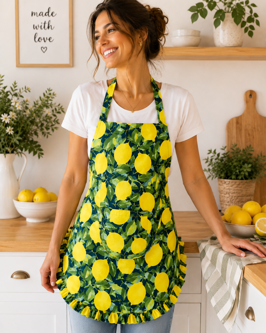 🍋 Lemon Ruffle Apron Set – Handmade Everyday Apron