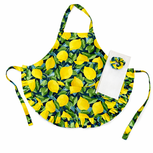🍋 Lemon Ruffle Apron Set – Handmade Everyday Apron